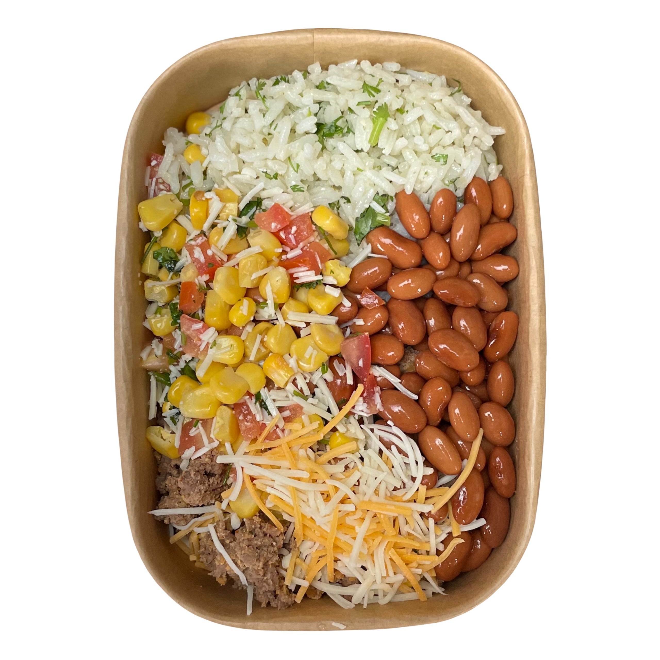 Ground beef rice burrito bowl corn salad & cheddar Yakima Fit Foods