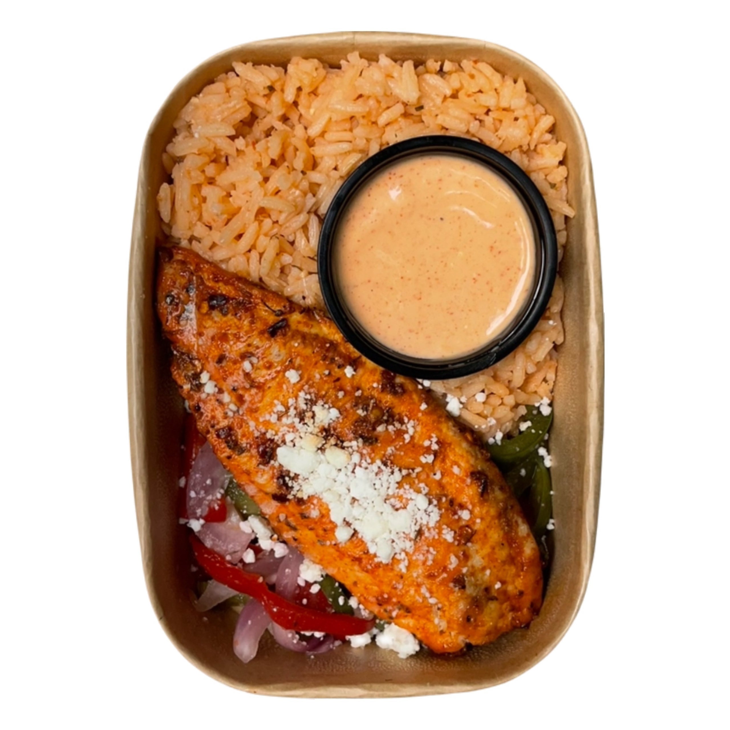 Blackened Tilapia Tomato Rice Fajita Feta Cheese & Spicy Mayo 490 Cal