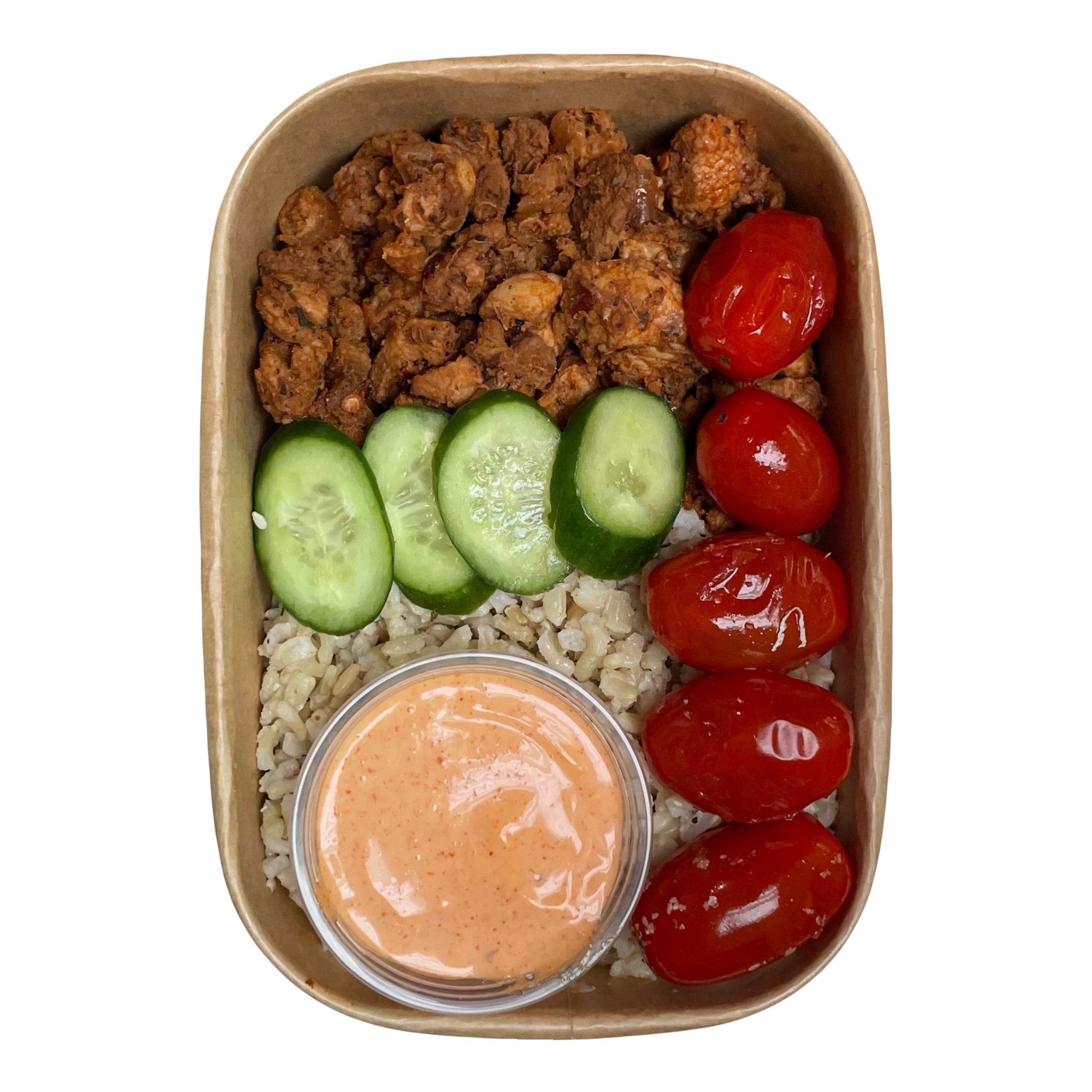 Pastor Brown Rice Cherry Tomatos Cucumbers Chipotle Crema Yakima Fit